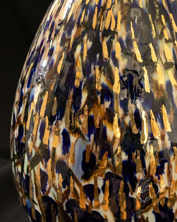 detail of - Unique porcelain object by artist Pia Andersen, combining tactile underglazes, expressive oxides and luminous 14-carat gold in a one-of-a-kind sculptural piece.