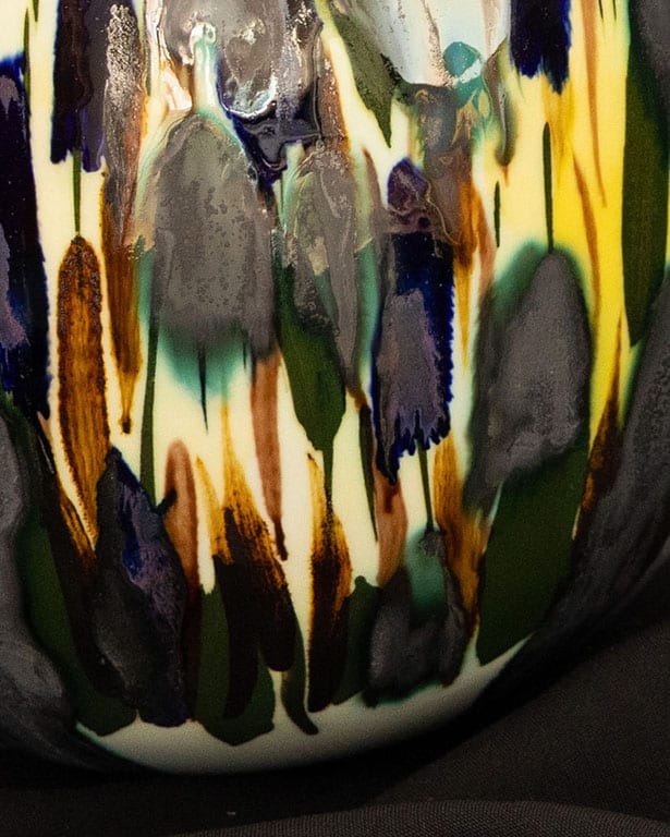 Close up of - Sculptural porcelain object by Danish artist Pia Andersen, created with underglazes, oxides and 14-carat gold through an intricate three-firing process.