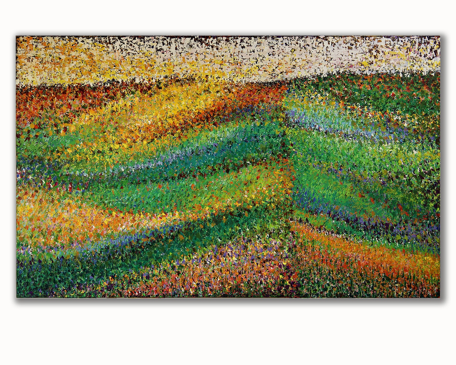 Placed on a white wall - Gredos by Pia Andersen,close up with luminous greens, warm yellows, oranges and richly layered surfaces.