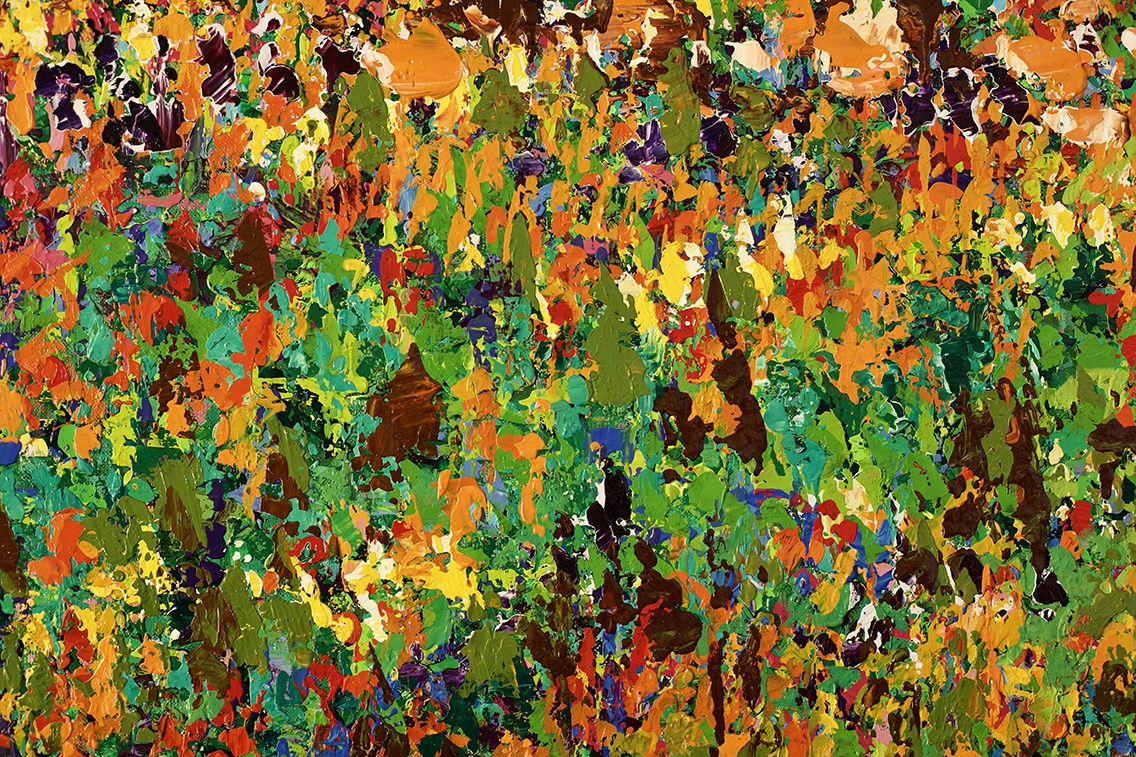 A close-up of Pia Andersen’s oil painting October, revealing its richly layered structure, tactile surface and visible traces of the painting process, where colour, texture and light create depth and movement.