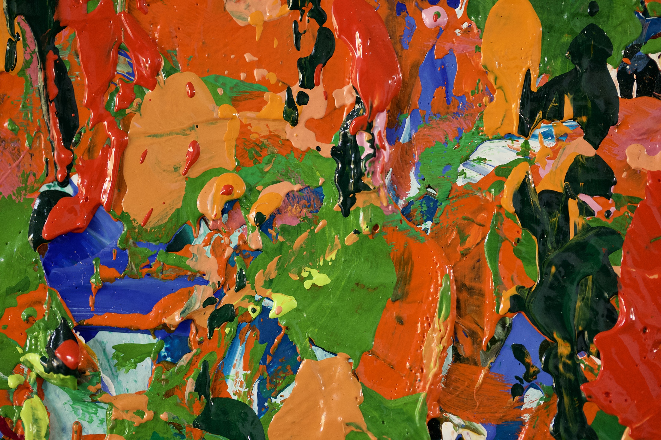 Textured detail of Gredos by Pia Andersen, with warm orange, fresh green, blue and touches of pink, revealing the many colours within this large abstract painting.